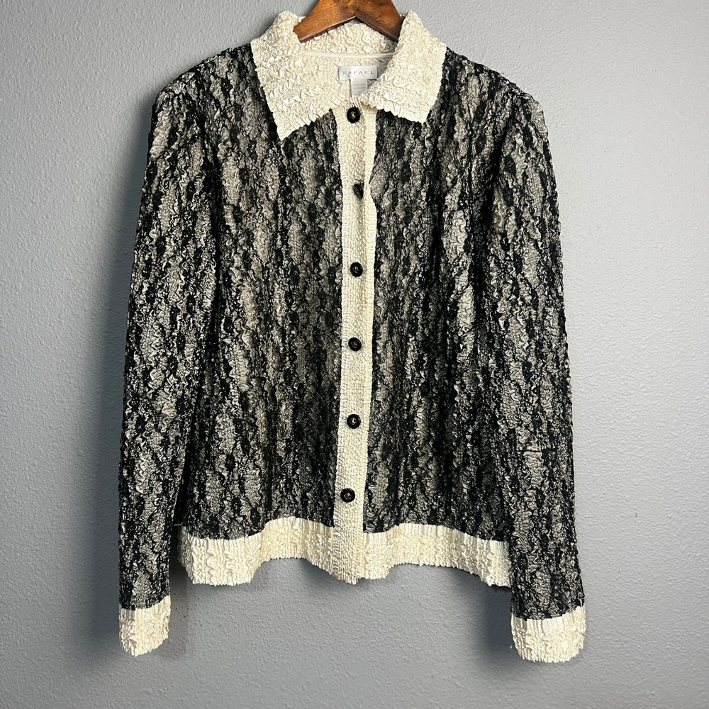 Rafael Black Lace Sheer Button Down Blouse L Cream Trim Romantic Goth Victorian‎